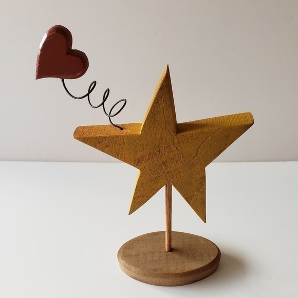 Wood Yellow Star and Red Heart on Spring with Standing Base - Picture 1 of 3